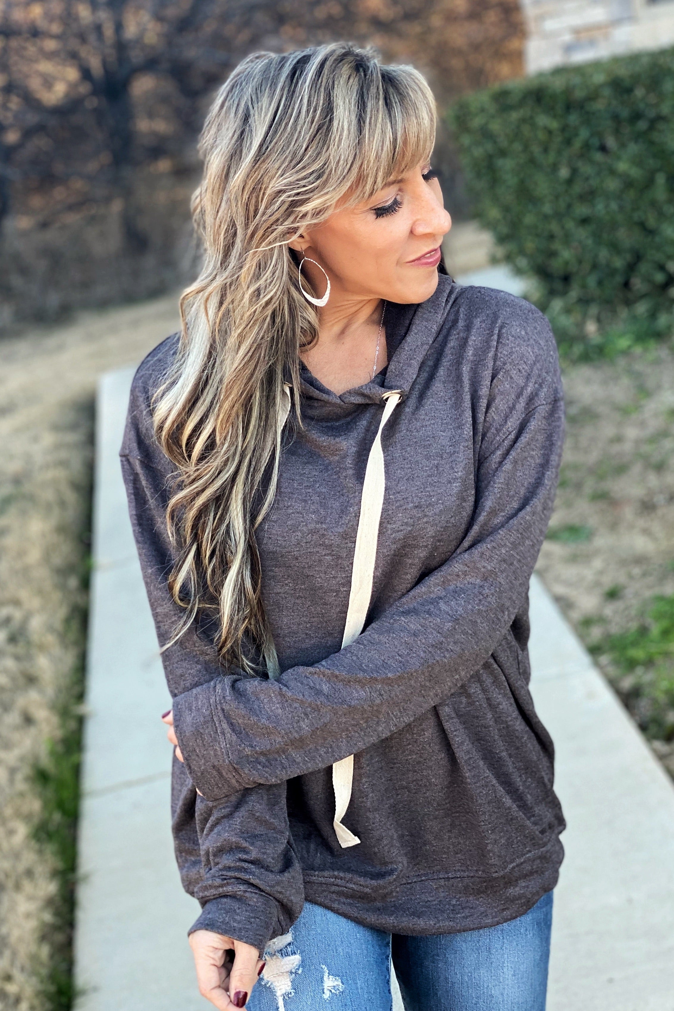 Light Of Day Basic Long Sleeve Hooded Sweatshirt, Charcoal