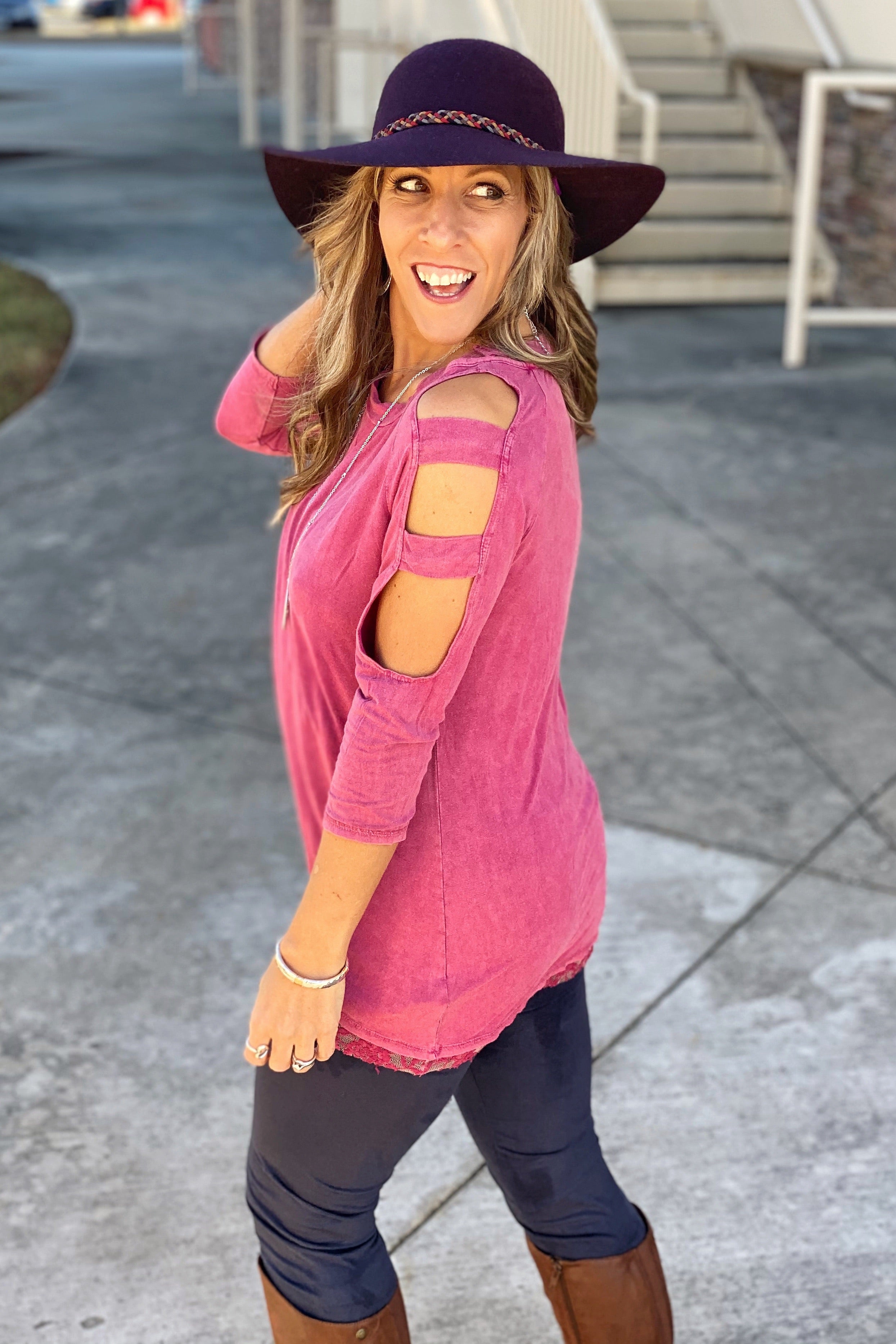 Million Reasons Mineral Washed 3/4 Sleeve Top with Shoulder Cutouts and a Floral Lace Hem