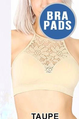 High Neck Lace Cutout Bralette with Back Double Strap Detail, Taupe
