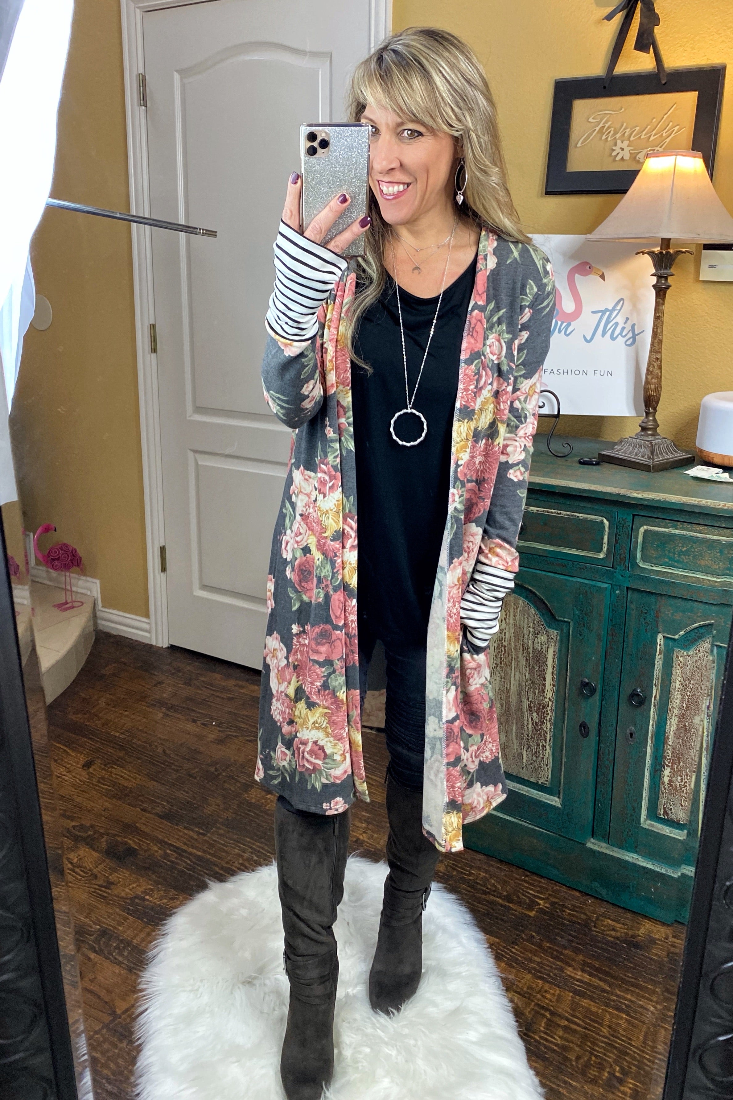 Shadows Of The Night Maxi Cardigan w/ Striped Cuffs, Thumbholes, and side pockets