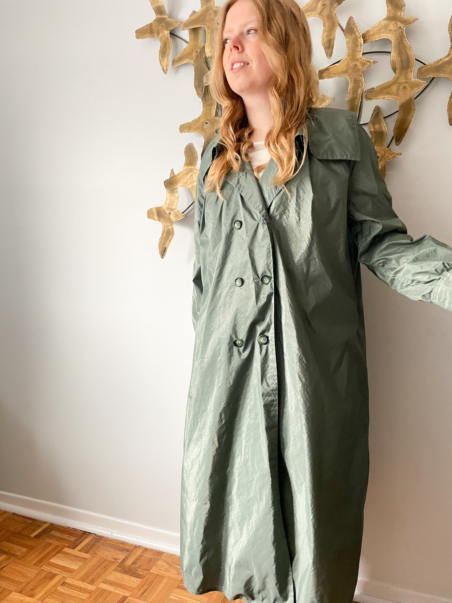 Vintage Hooded Green Buttoned Long Water Repellent Rain Jacket