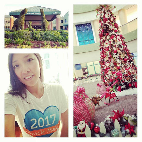 A collage picture of Valley Children's Hospital, a decorated Christmas tree and DYB's Founder with a 2017 Miracle Worker shirt on.