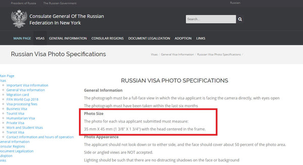 Russian Visa Photo Size Specification from the Consulate General of The Russian Federation in New York