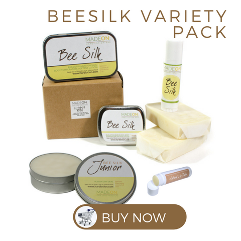 beesilk variety pack offers beesilk in stick, emollient and lotion bar form