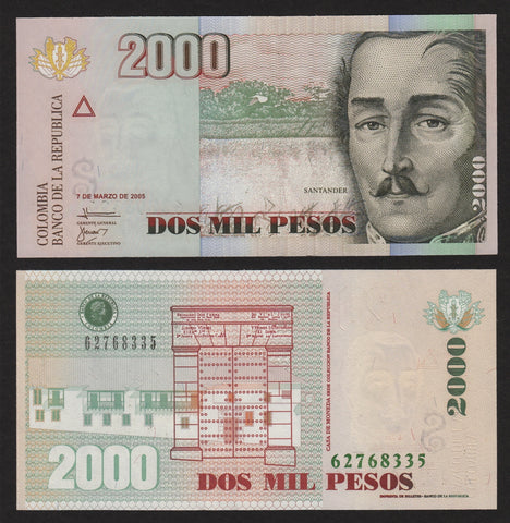 banknote of Colombia 2000 Pesos in UNC condition