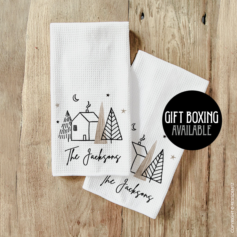 Custom Modern Winter Village House Design Kitchen Towels, Personalized Gift Boxed Christmas Dishcloths, Custom Name Kitchen Towels