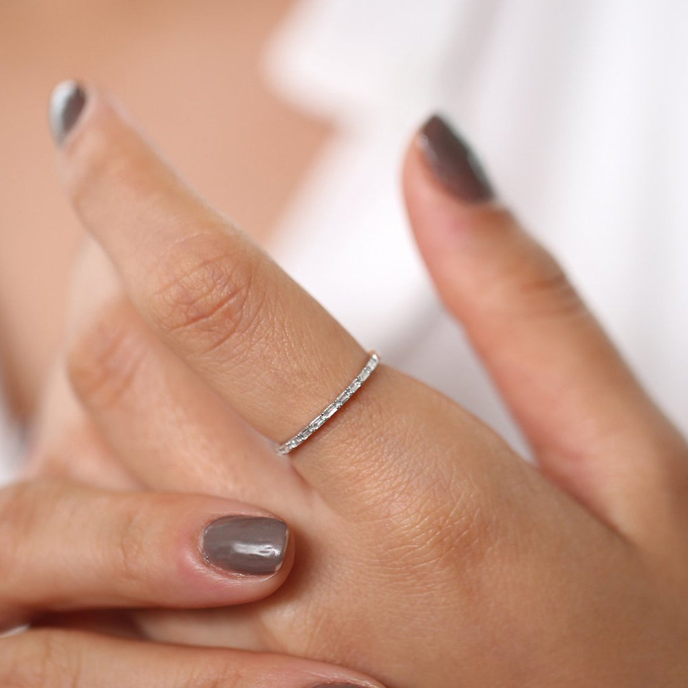 14K Ultra Thin Half Eternity Baguette Diamond Stackable Ring