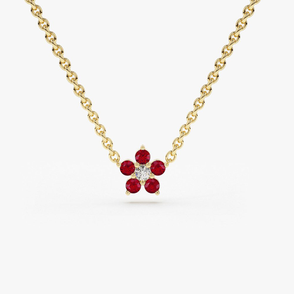Solid 14k yellow gold flower nugget and 1 ctw genuine Ruby pendant necklace 