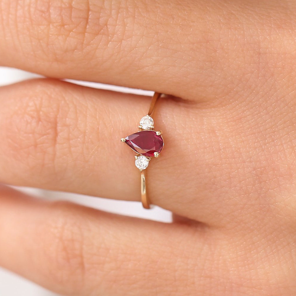14K Gold Genuine Diamond And Pear Shape Ruby Gemstone Open Ring Fine Jewelry
