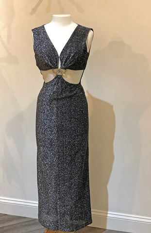 Vintage black and silver glittery gown, sleeveless with cutout midriff and jewelry detail at center