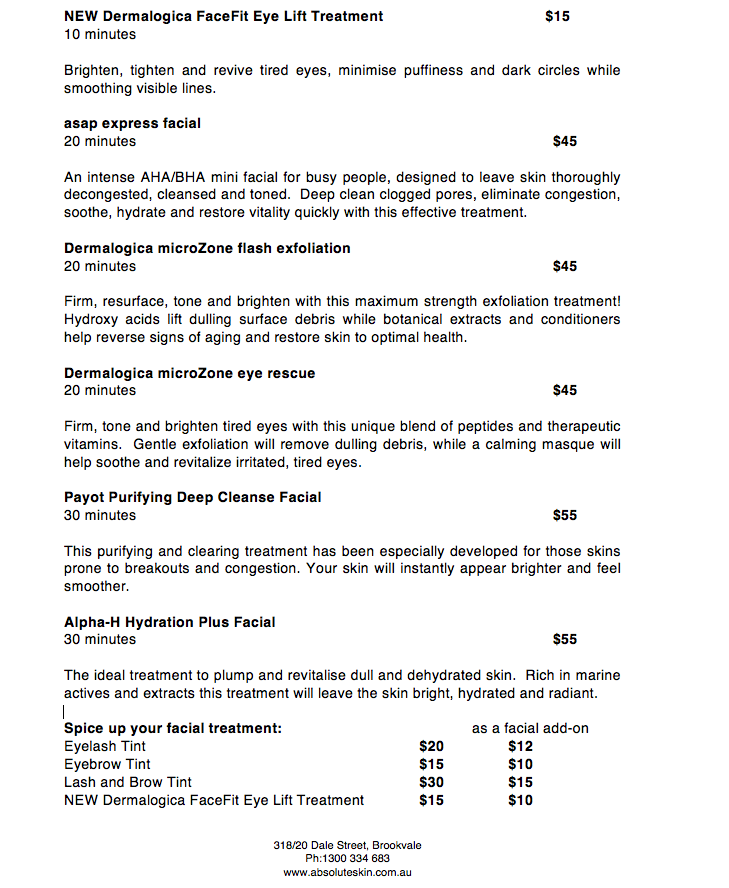 AbsoluteSkin Treatment Menu