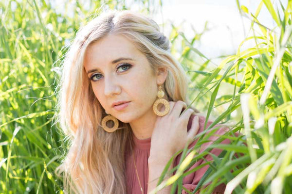 Girl with Hathorway Horn & Rattan Earrings in Fields