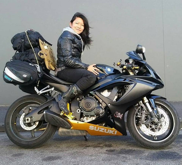 Amanda and Sheba before an 18000km motorcycle journey around Australia
