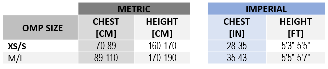 OMP | KS Lightweight Body Protection Size Chart