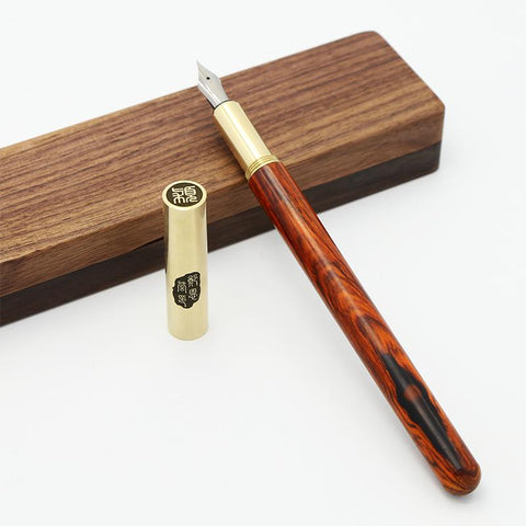 Red Sandalwood and Brass Fountain Pen with Walnut Case