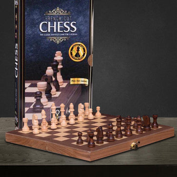 French Cut Wood Chess Set With Folding Board Case - - Smart Brain - Yellow Octopus