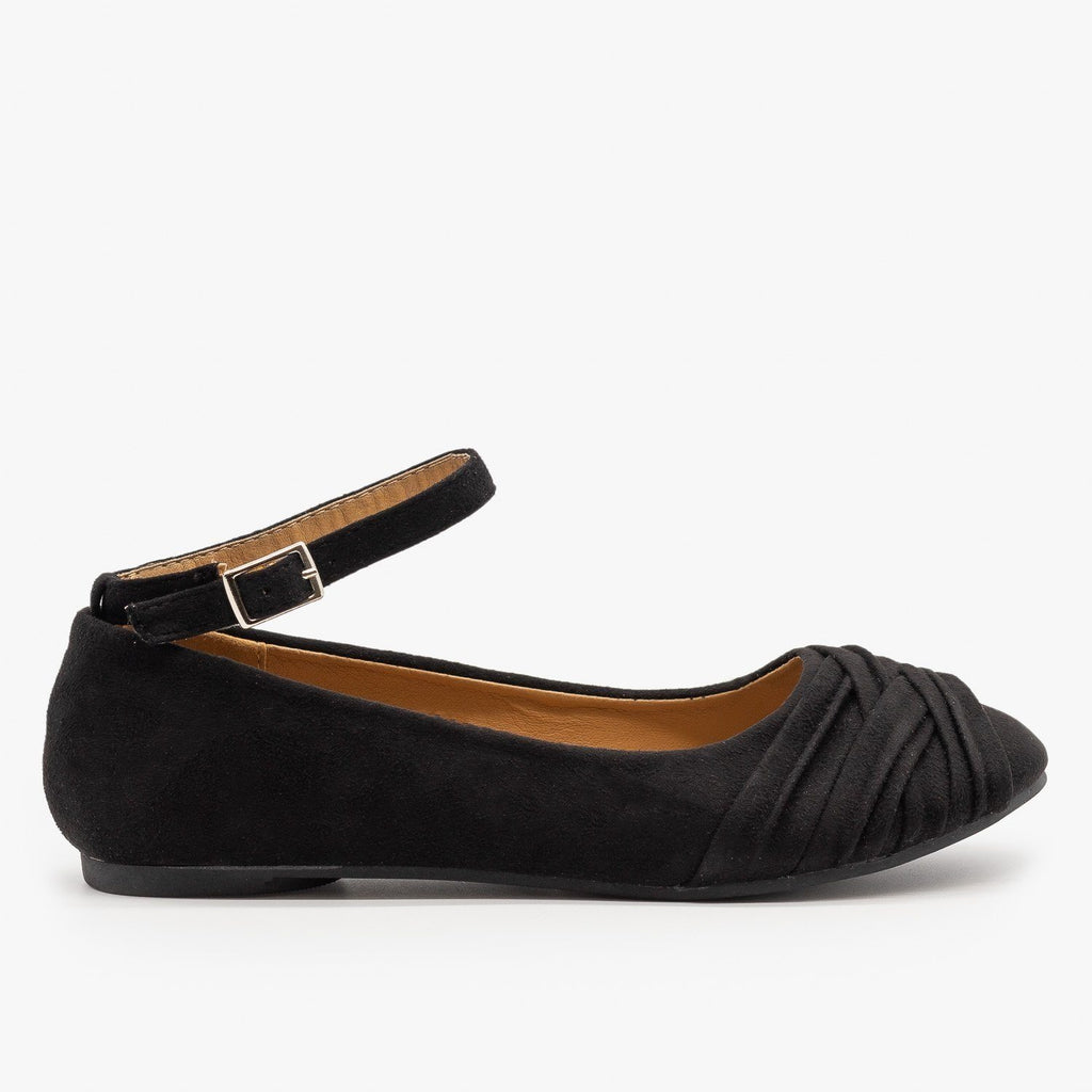 black ballet flats with ankle strap