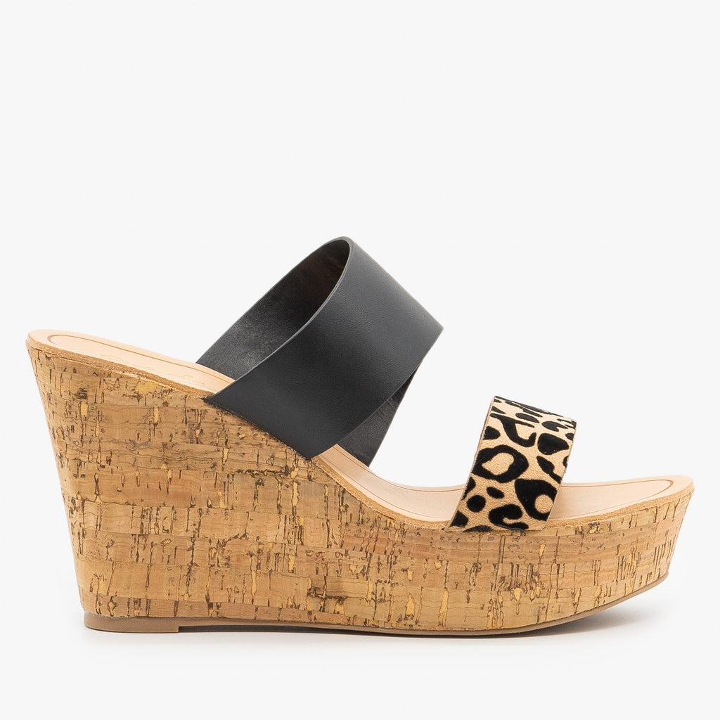 Black Leopard Cork Wedges - Qupid Shoes 