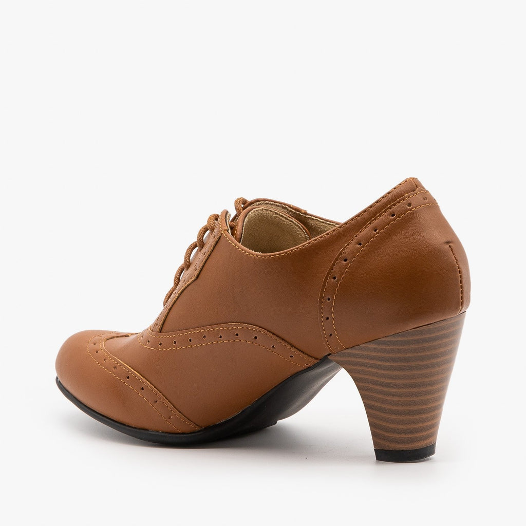 REFRESH Leatherette Lace Up Oxford Chunky Booties Women Ankle Heels Tan
