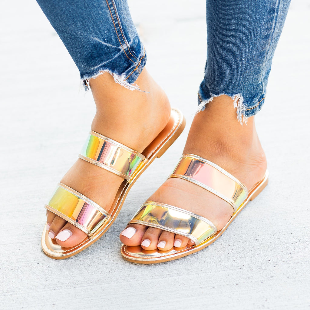 iridescent buckle sandals