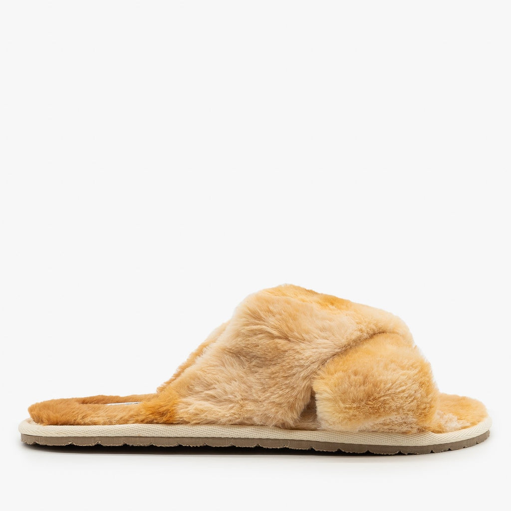 faux fur criss cross slippers