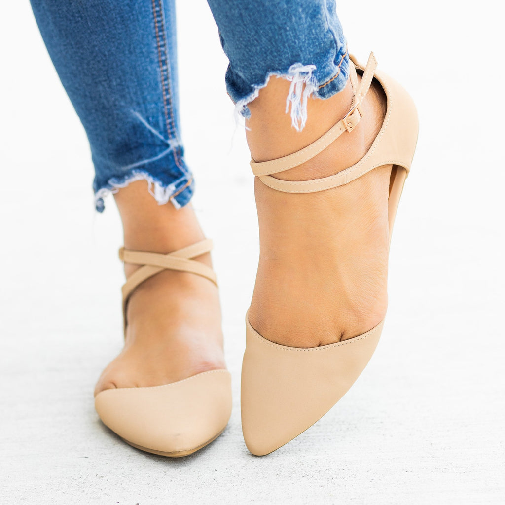 pointed flats with ankle strap