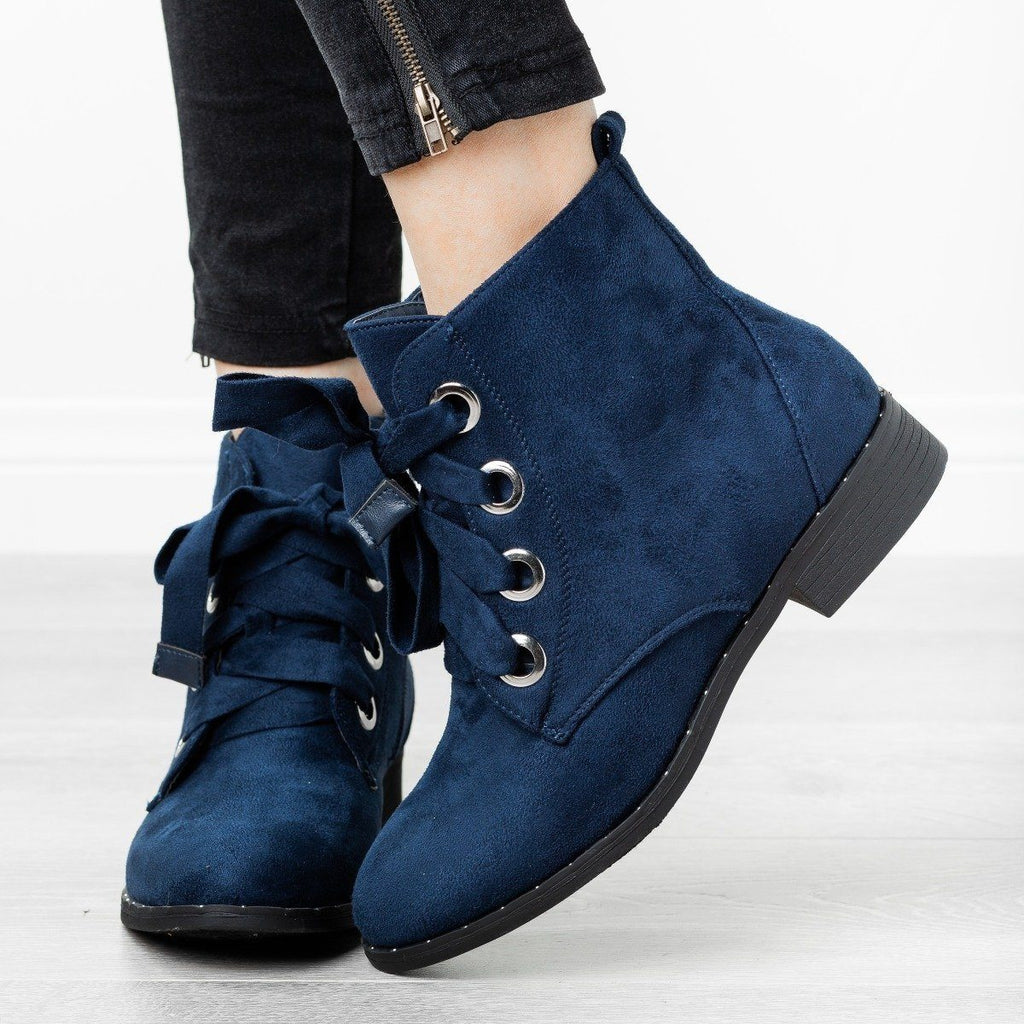 navy blue lace up booties