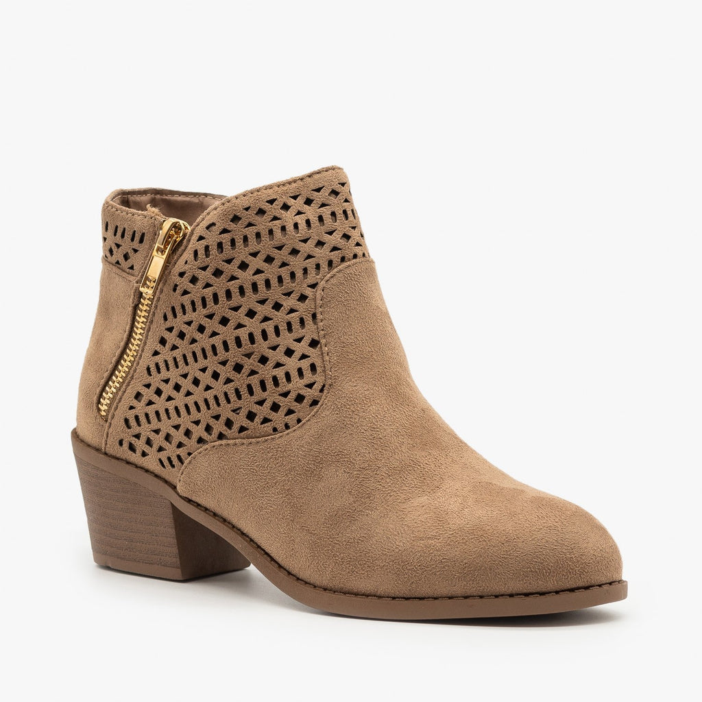 women's crissy laser cut heeled ankle booties