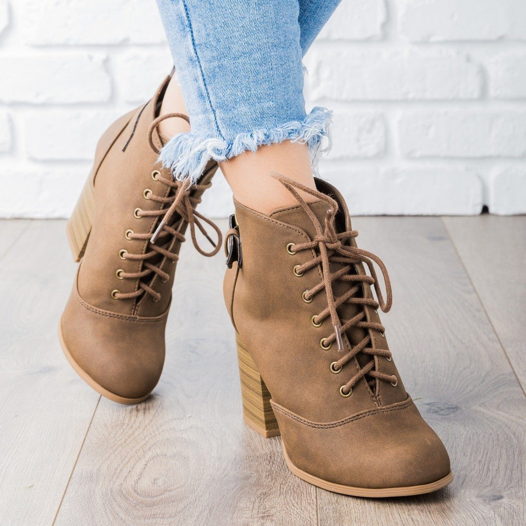 Edgy Lace-Up Chunky Heel Bootie - Soda 