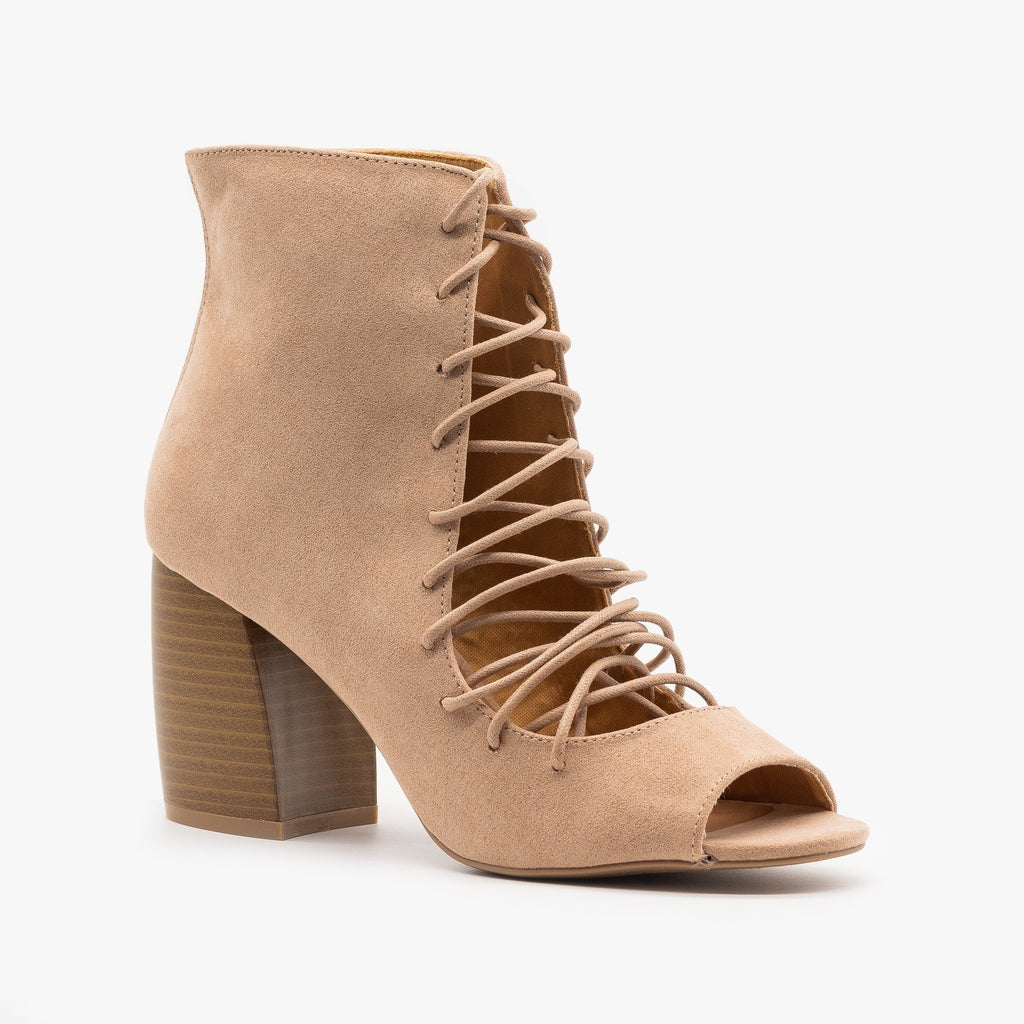 Lace-Up Cut-Out Heel Booties - Qupid 