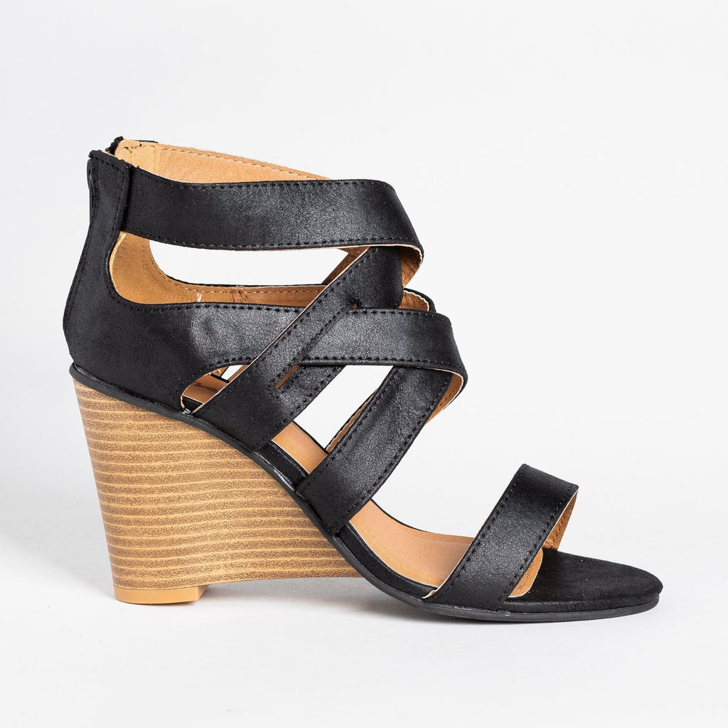 Strappy Diva Stacked Wedges - Qupid 