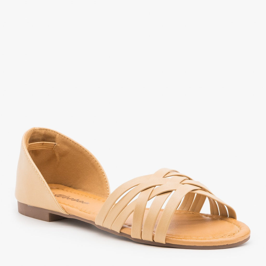 tan open toe flats