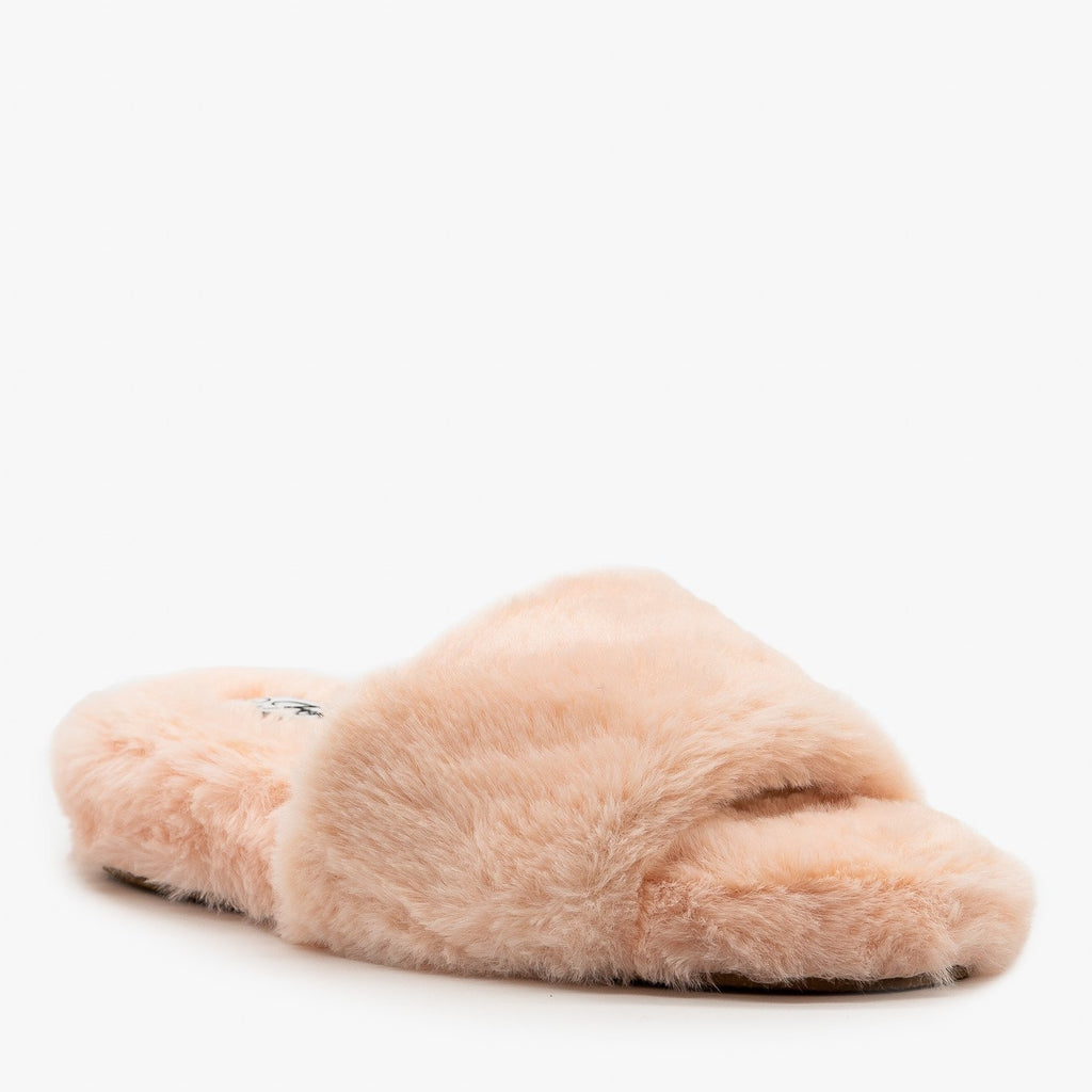 pink faux fur slides