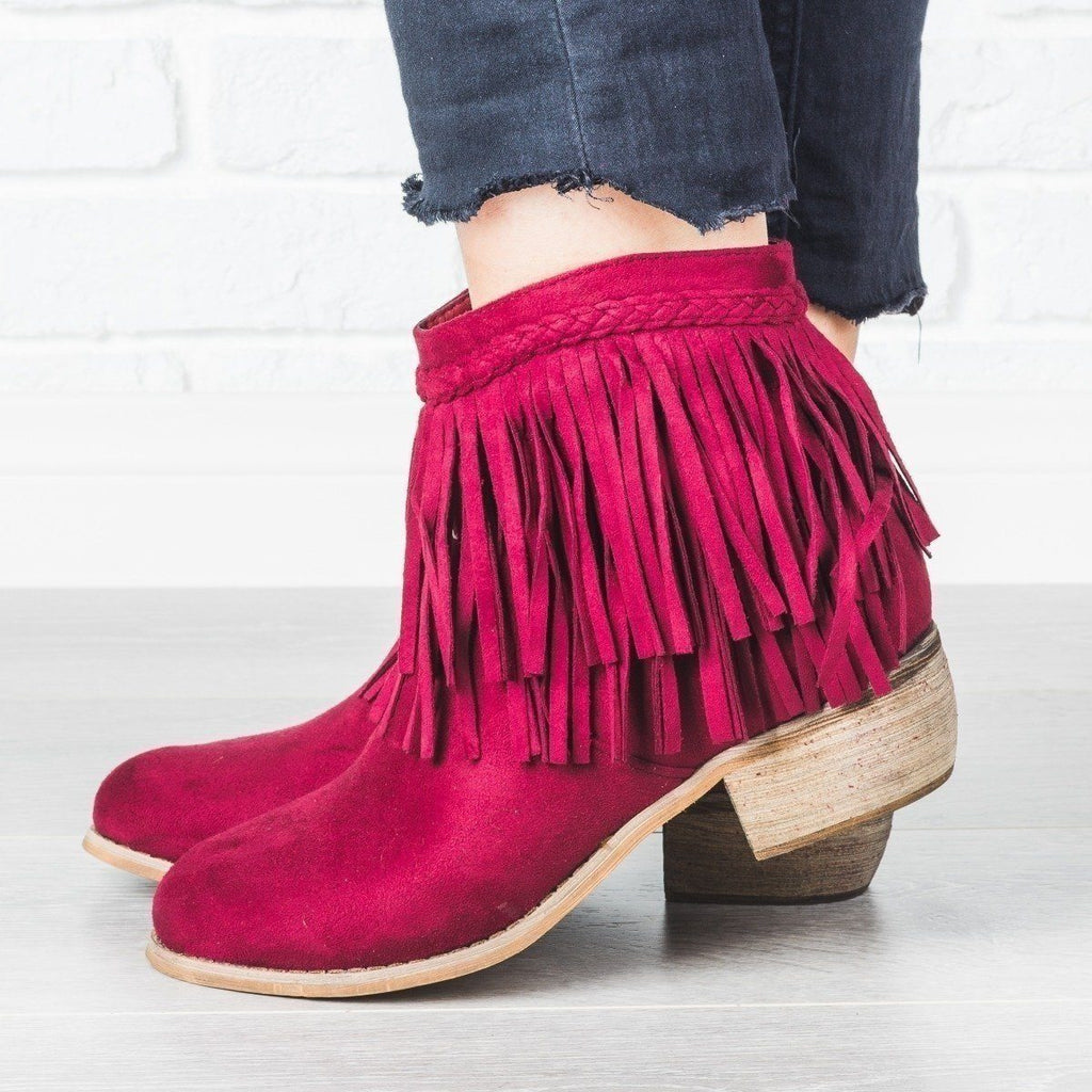 pink fringe booties