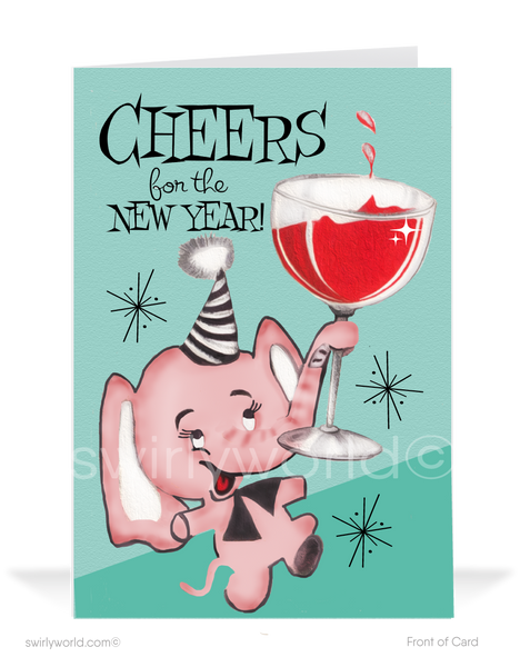 1950 S Atomic Retro Mid Century Modern Cheers Happy New Year Cards Swirly World Design