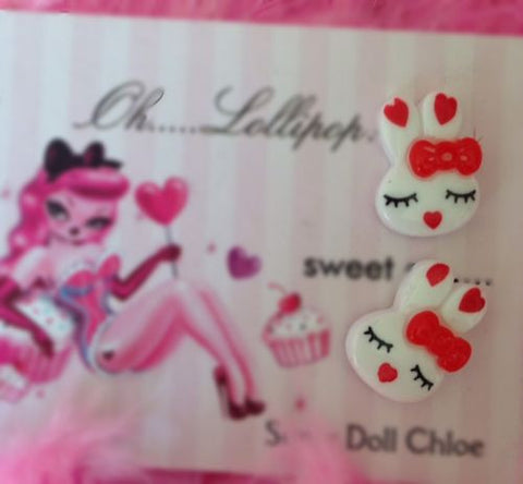 Oh Lollipop Sweet Barbie Bunny Heart Red Bow Pinup Post Stud Rockabilly Earring
