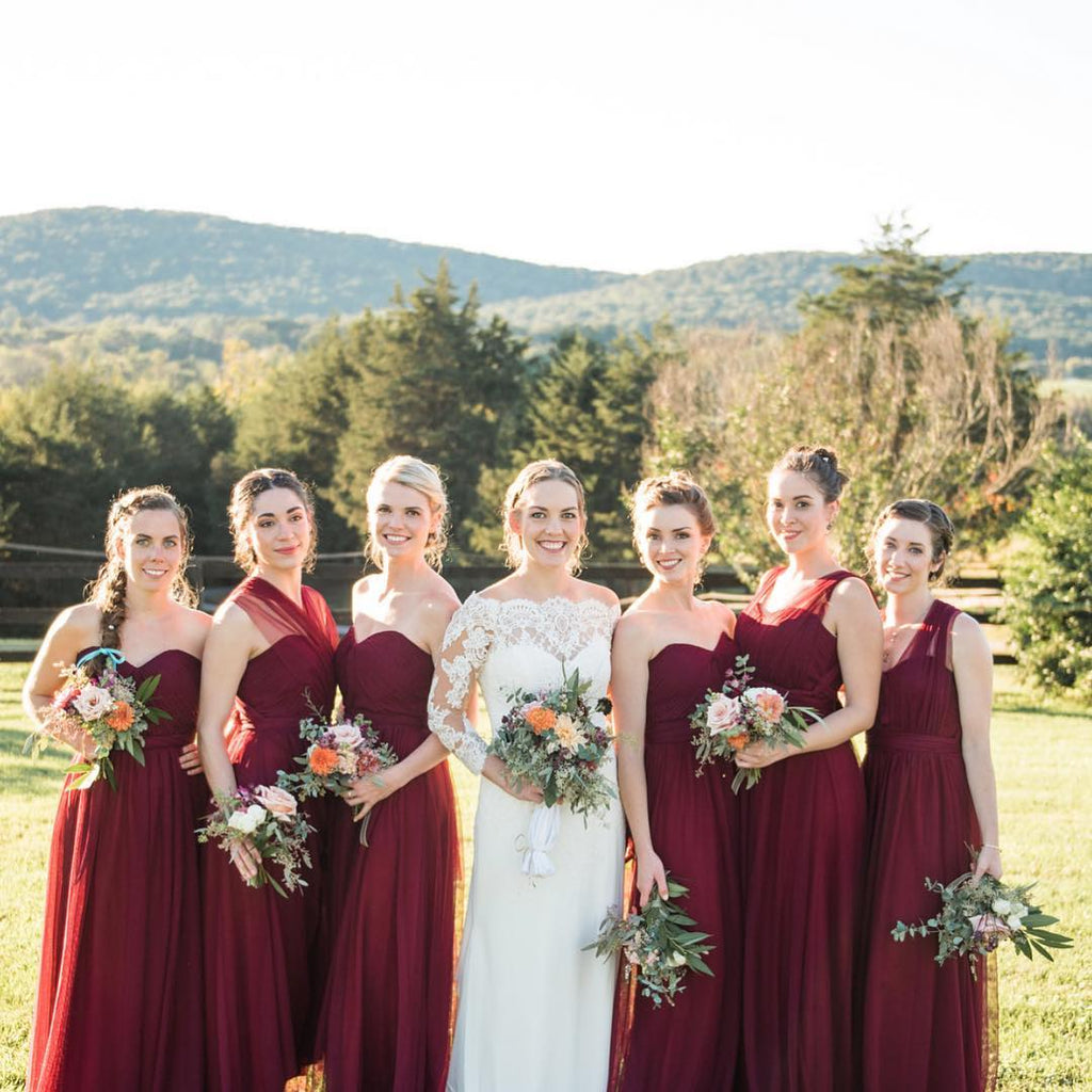 maroon and silver bridesmaid dresses