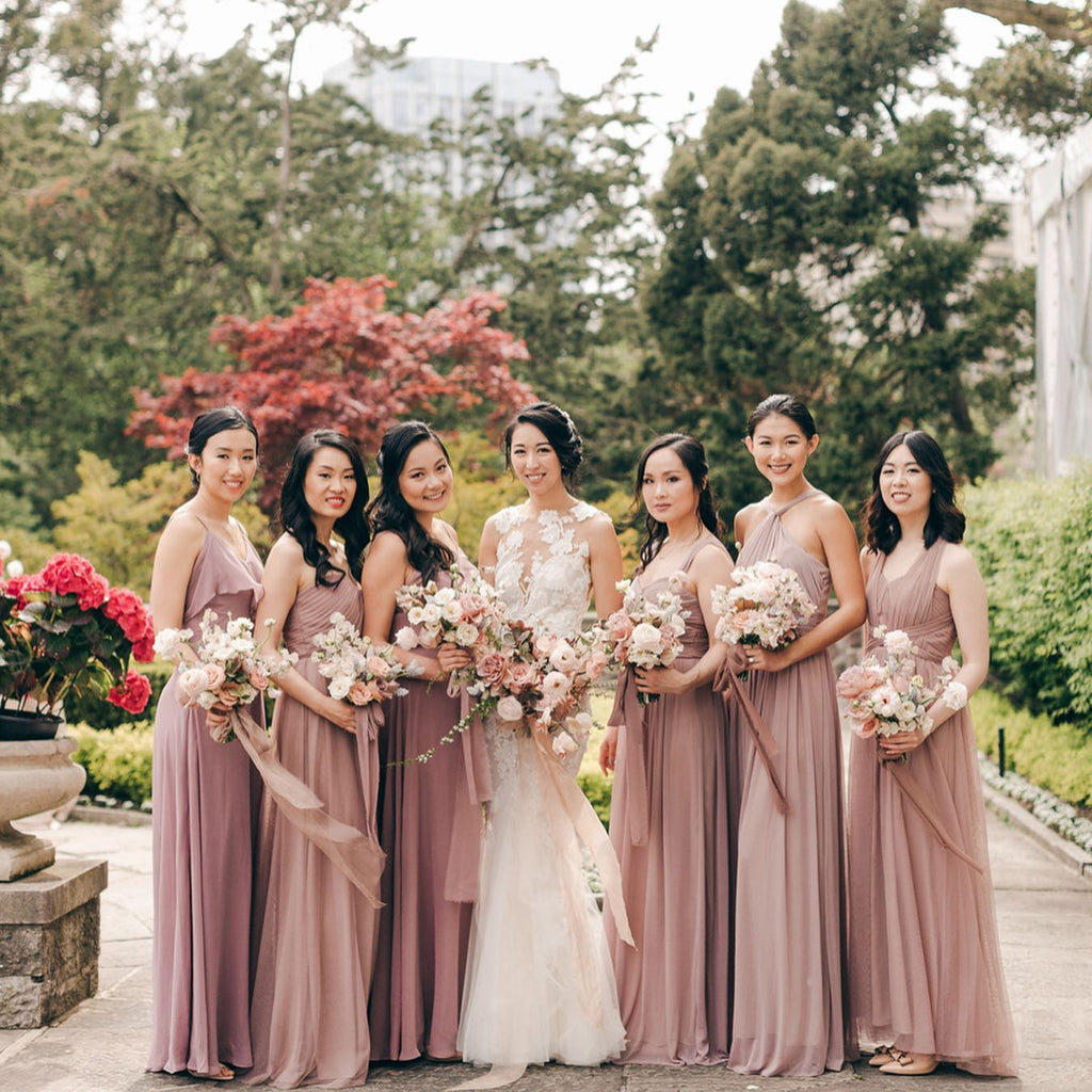 beige bridesmaid dresses with pink flowers - Budget 
