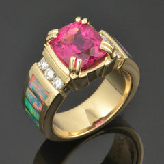 Custom Australian opal ring with rubellite tourmaline and diamonds set in 14k gold.