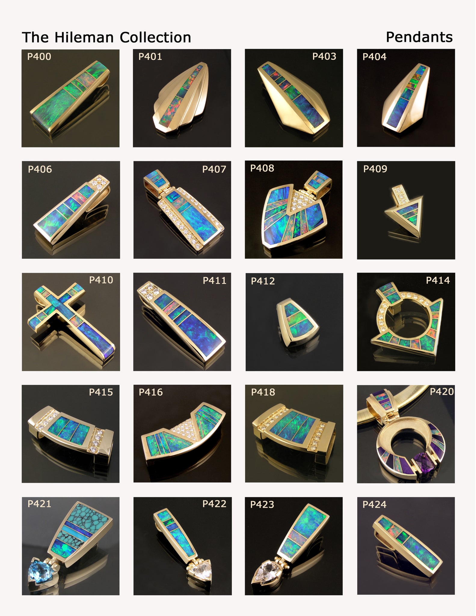 Opal pendants by The Hileman Collection.  Australian opal inlaid pendants in 14k gold.
