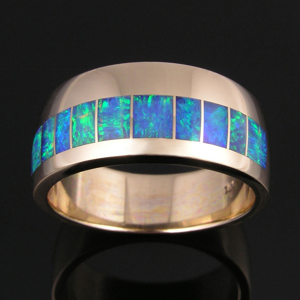 Men's Australian Opal Wedding Ring in 14k Gold The