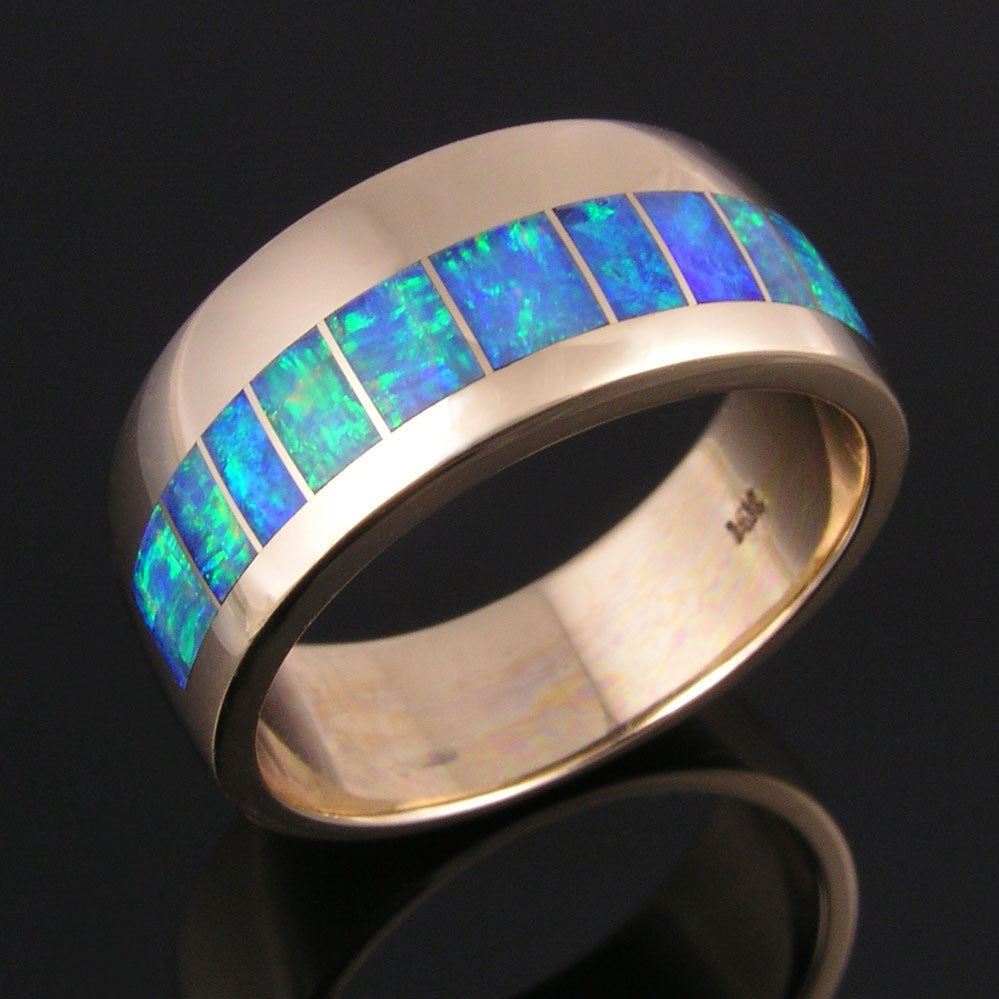 Men's Australian Opal Wedding Ring in 14k Gold The
