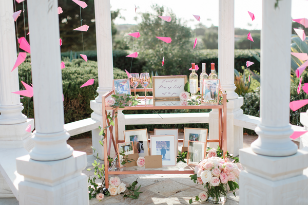 blush bar cart with rose gold flowers