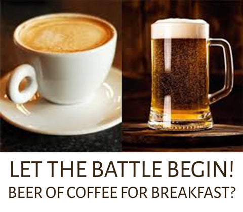 beer or coffee for breakfast image shows coffee cup and beer mug