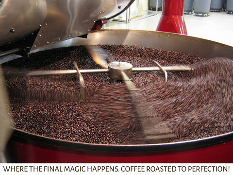 Coffee beans being roasted in an open roaster