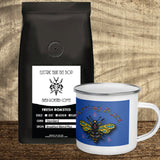 coffee with extra caffeine robusta beans with enamel coffee cup saying morning buzz with a colorful bee