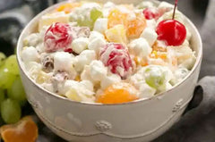 Bowl of fruit cocktail fluff ambrosia marshmallow salad