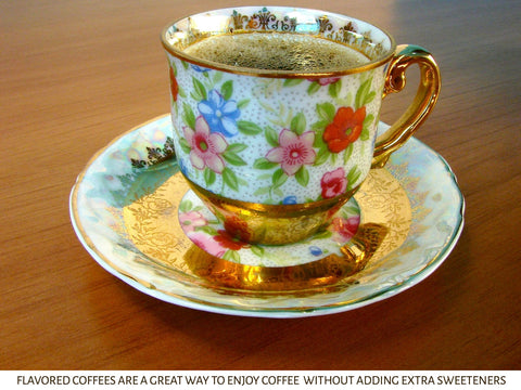 flavored coffee in a fancy floral porcelain coffee cup