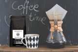electric blue bee bop french roast coffee with harlequin cup and french coffee press