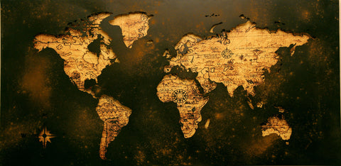 world map in coffee color shades and tones with compass